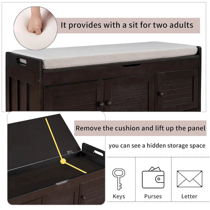 Banc de rangement avec 3 portes Banc à chaussures avec coussin amovible