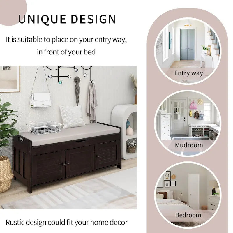 Banc de rangement avec 3 portes Banc à chaussures avec coussin amovible