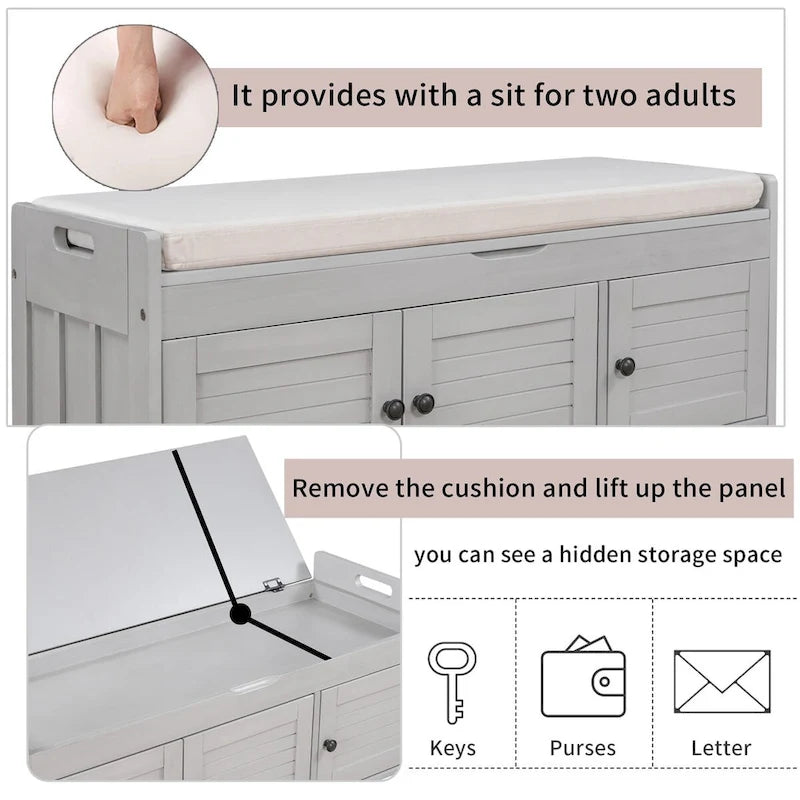 Banc de rangement avec 3 portes Banc à chaussures avec coussin amovible