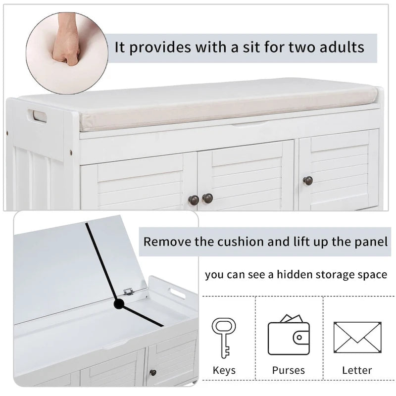 Banc de rangement avec 3 portes Banc à chaussures avec coussin amovible