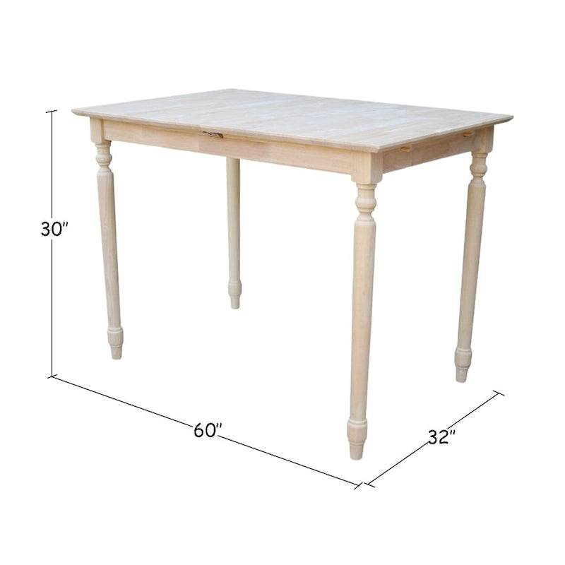 Table de salle à manger en bois d'hévéa brut de 32 pouces de large, style tourné, avec rallonge papillon