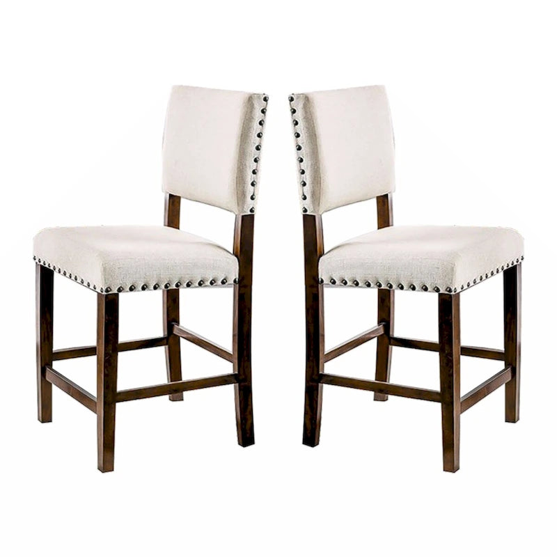 Lot de 2 chaises de salle à manger tapissées en lin avec clous décoratifs en merisier brun et ivoire