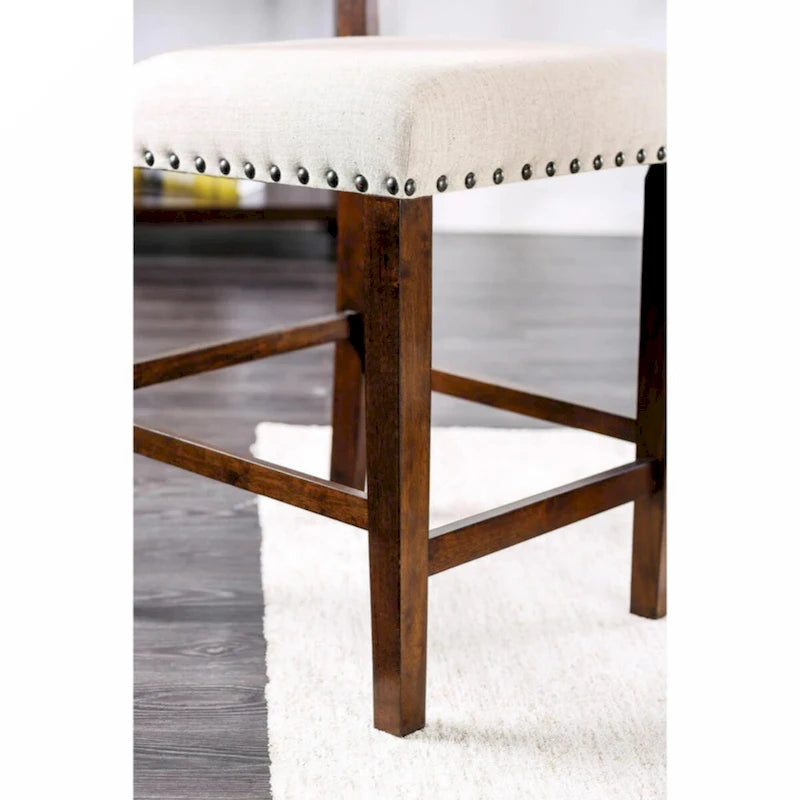 Lot de 2 chaises de salle à manger tapissées en lin avec clous décoratifs en merisier brun et ivoire
