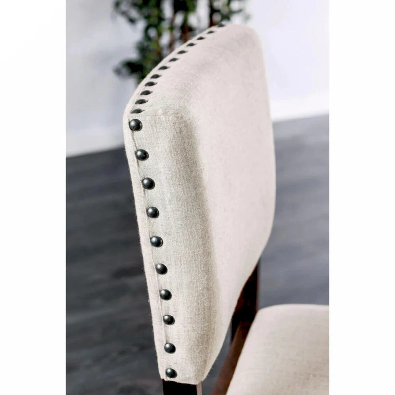 Lot de 2 chaises de salle à manger tapissées en lin avec clous décoratifs en merisier brun et ivoire