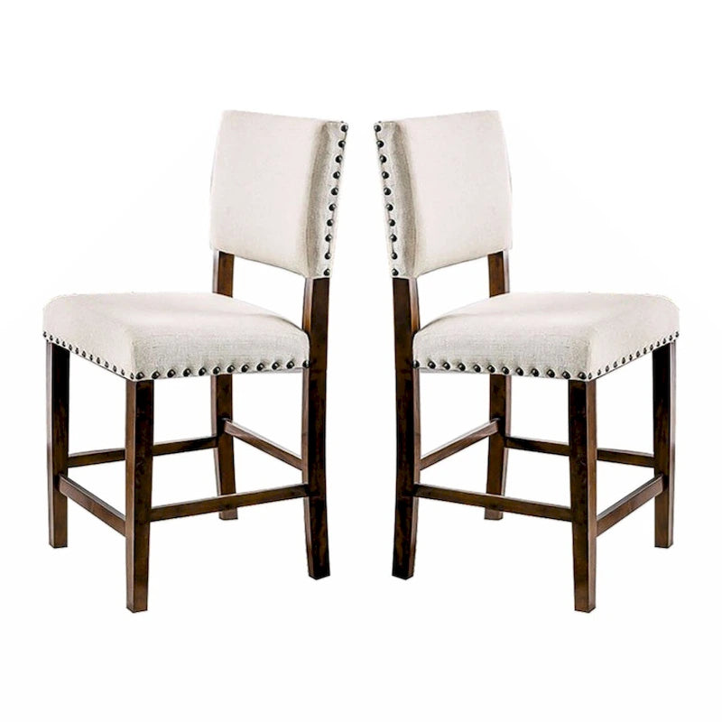 Lot de 2 chaises de salle à manger tapissées en lin avec clous décoratifs en merisier brun et ivoire