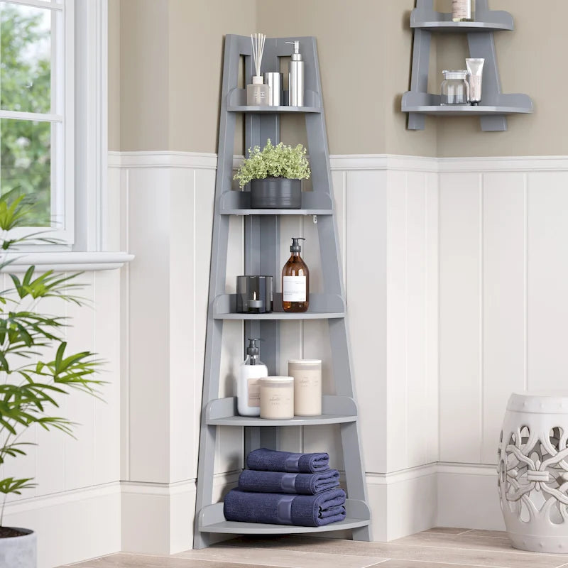 Étagère d'angle haute à 5 niveaux avec étagère de présentation et rangement d'angle pour salle de bain, salon, bureau