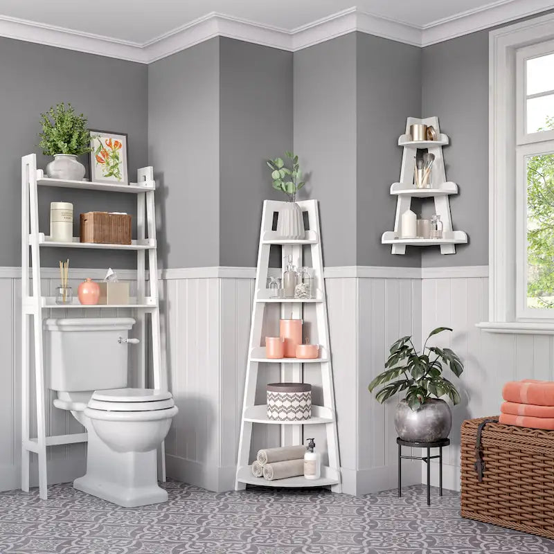 Étagère d'angle haute à 5 niveaux avec étagère de présentation et rangement d'angle pour salle de bain, salon, bureau