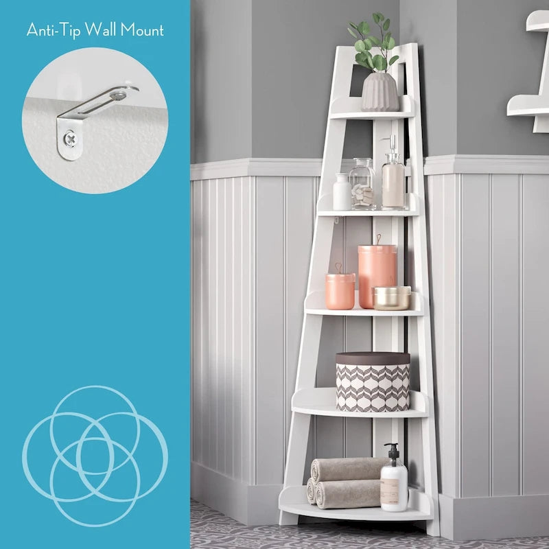 Étagère d'angle haute à 5 niveaux avec étagère de présentation et rangement d'angle pour salle de bain, salon, bureau