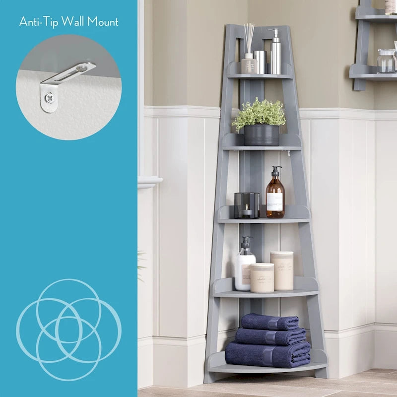 Étagère d'angle haute à 5 niveaux avec étagère de présentation et rangement d'angle pour salle de bain, salon, bureau